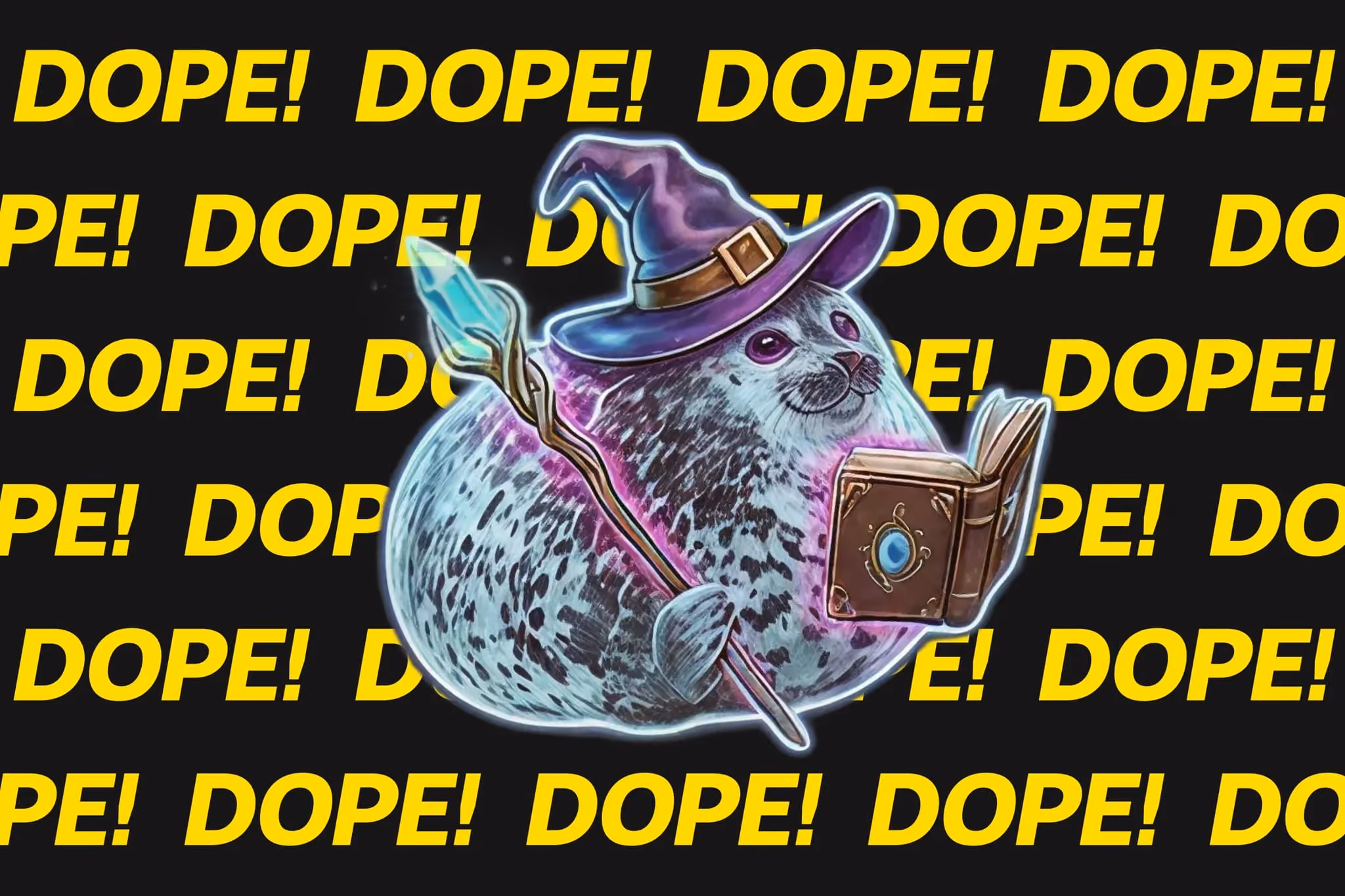 Round grey seal in a purple wizard hat holding a glowing staff and spellbook on a black background repeating ‘DOPE!’